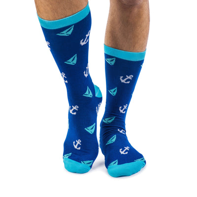 Colorful Abyss Teal, Light Blue and White Bamboo Socks with sailboats and anchors