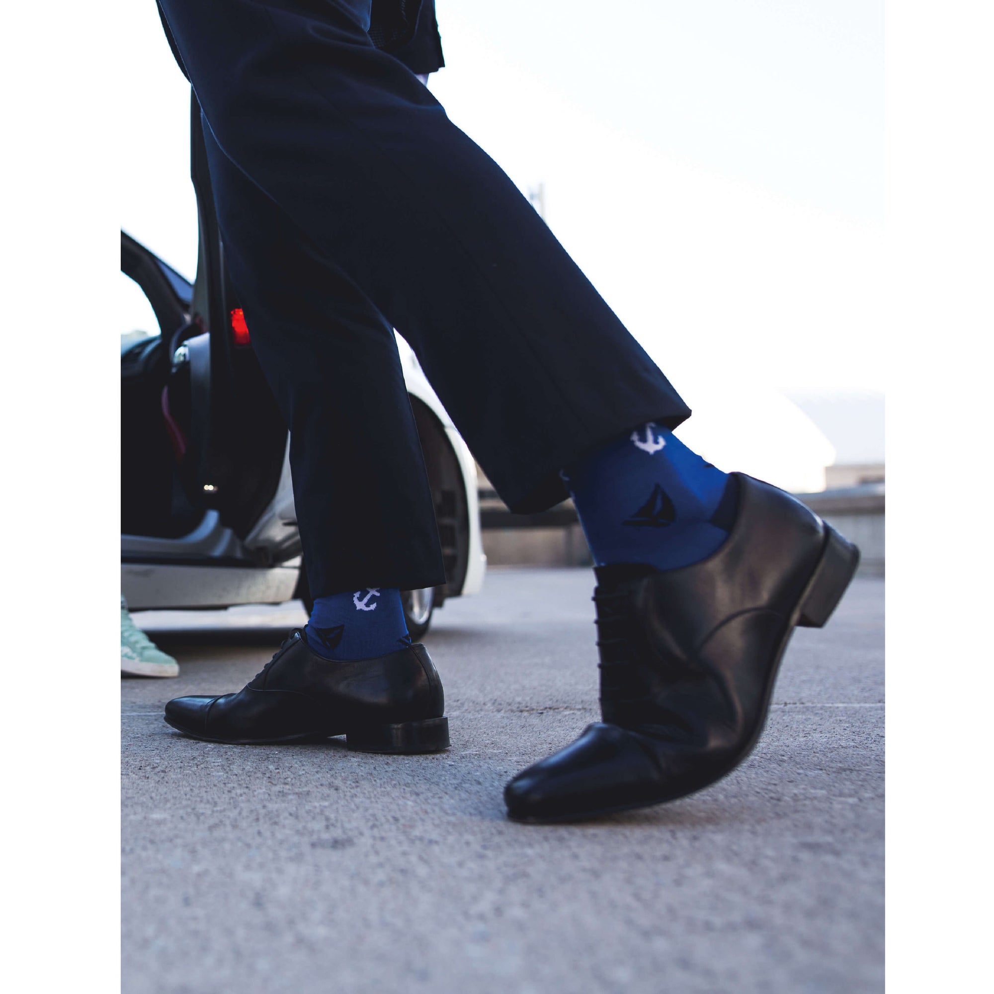 Colorful Abyss Navy Blue and White Bamboo Socks with sailboats and anchors