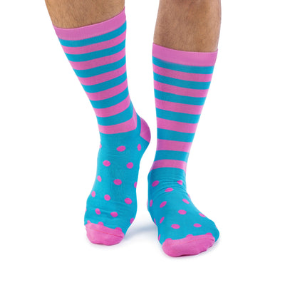 Colorful Charlie Pink and Blue Bamboo Socks with Polka Dots and Stripes