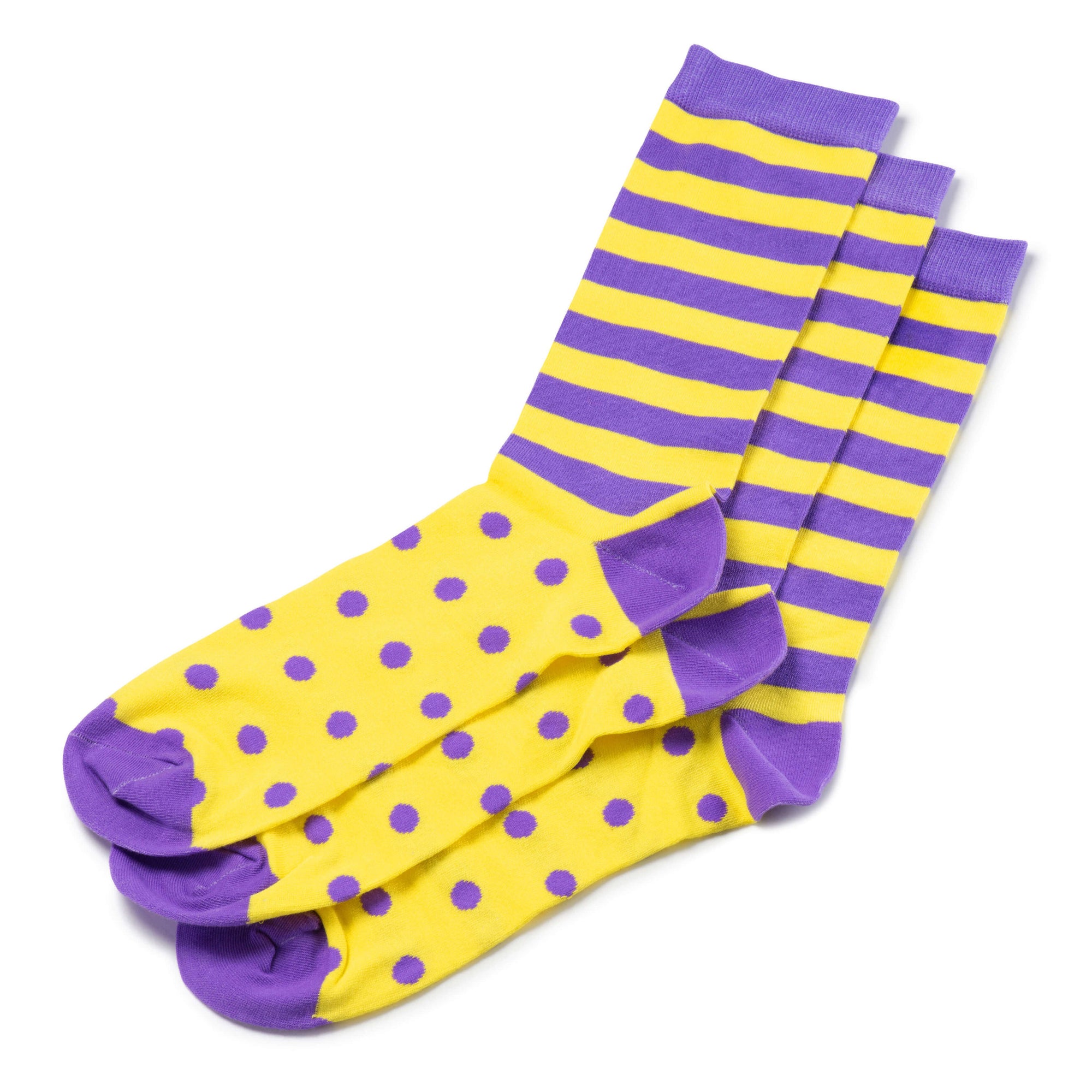 Colorful Charlie Purple and Yellow Bamboo Socks with Polka Dots and Stripes