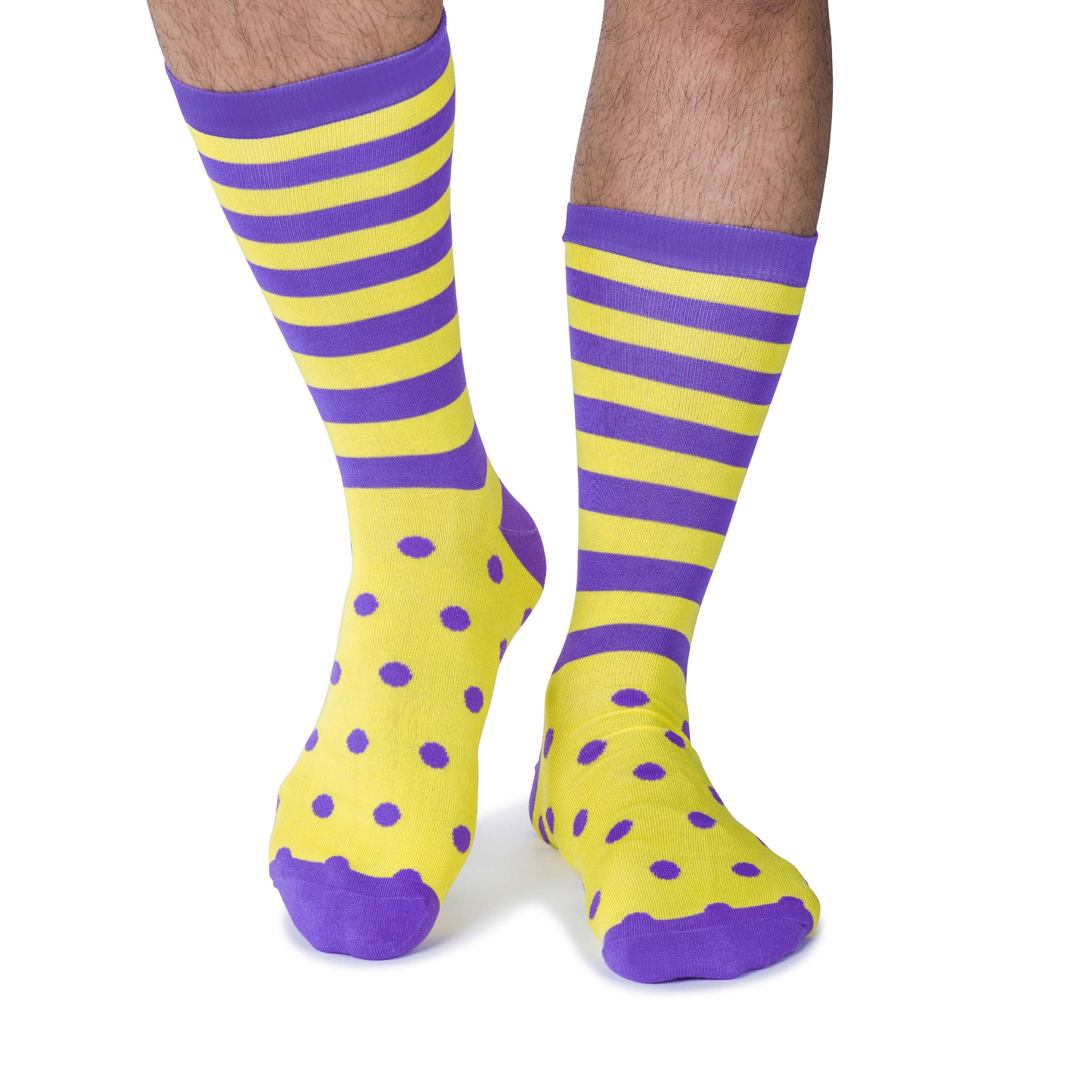 Colorful Charlie Purple and Yellow Bamboo Socks with Polka Dots and Stripes