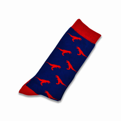 Colorful Rex Navy Blue and Red Bamboo Socks with Raptors and Dinosaur Design