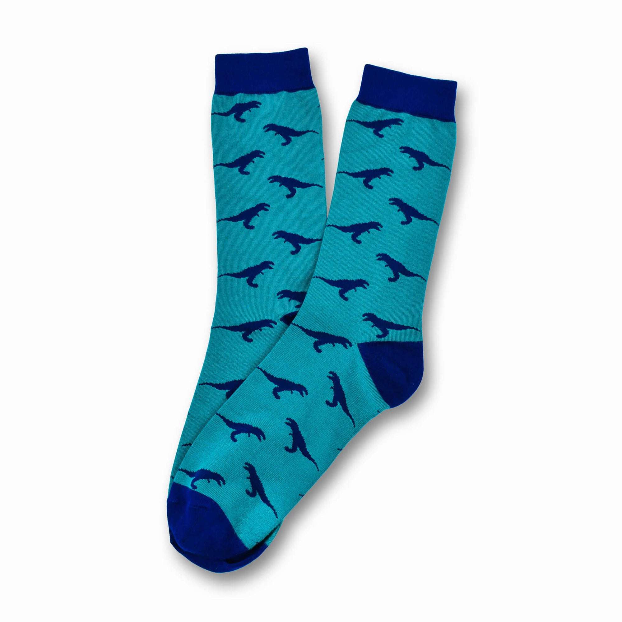 Colorful Rex Navy Blue and Forest Green Bamboo Socks with Raptors and Dinosaur Design
