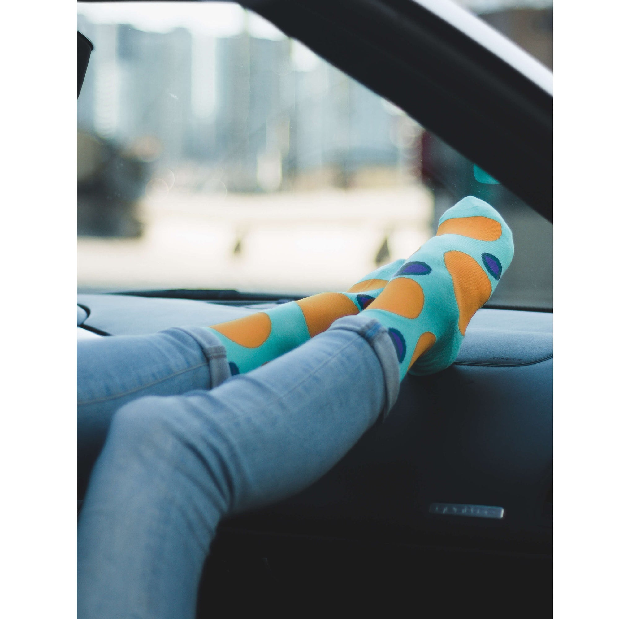 Colorful Eclipse Teal, Purple and Orange Bamboo Socks with Big Polka Dots