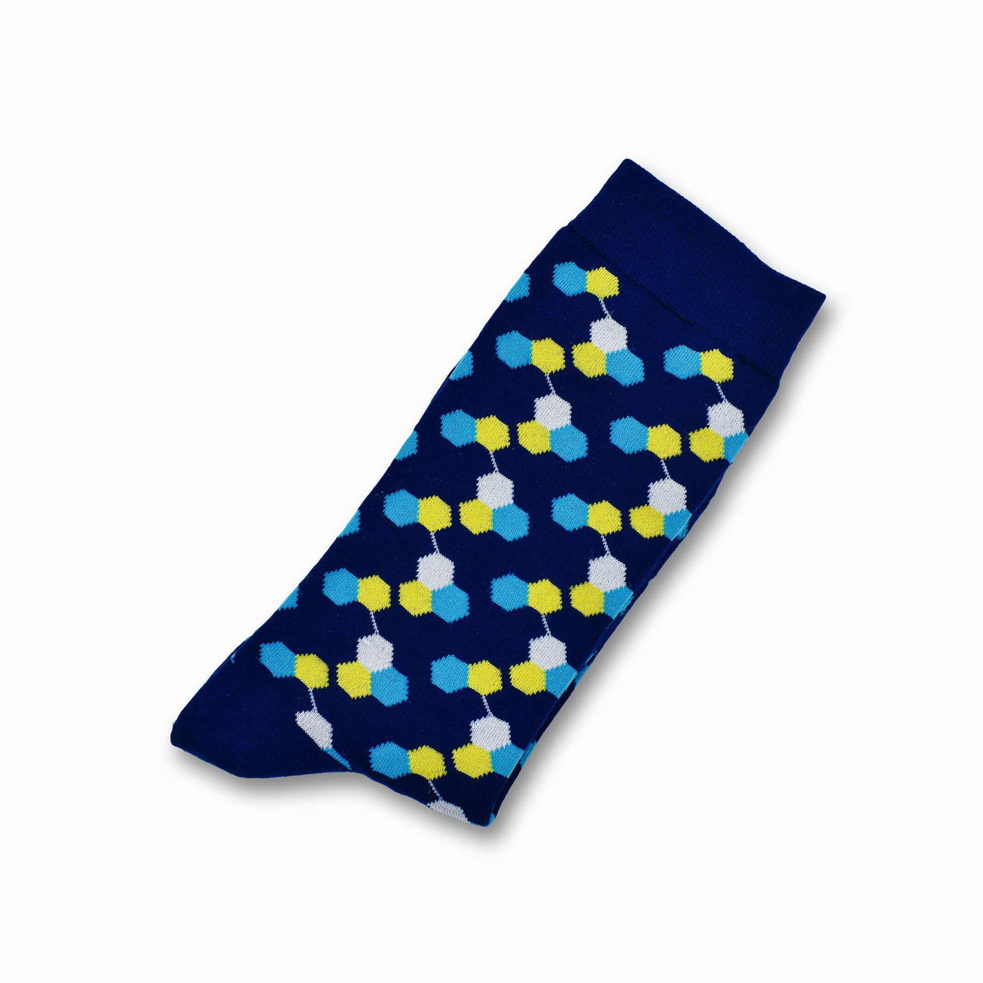 Colorful Helix White, Yellow and Navy Blue Bamboo Socks with Hexagon Designs