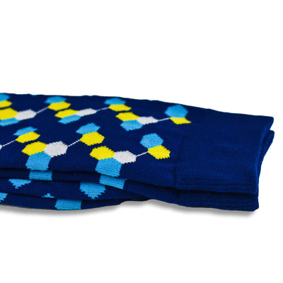 Colorful Helix White, Yellow and Navy Blue Bamboo Socks with Hexagon Designs