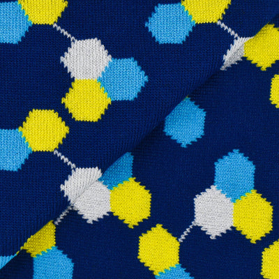Colorful Helix White, Yellow and Navy Blue Bamboo Socks with Hexagon Designs
