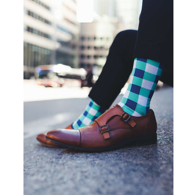 Colorful Regal White, Navy Blue and Teal Bamboo Socks with Checker Design