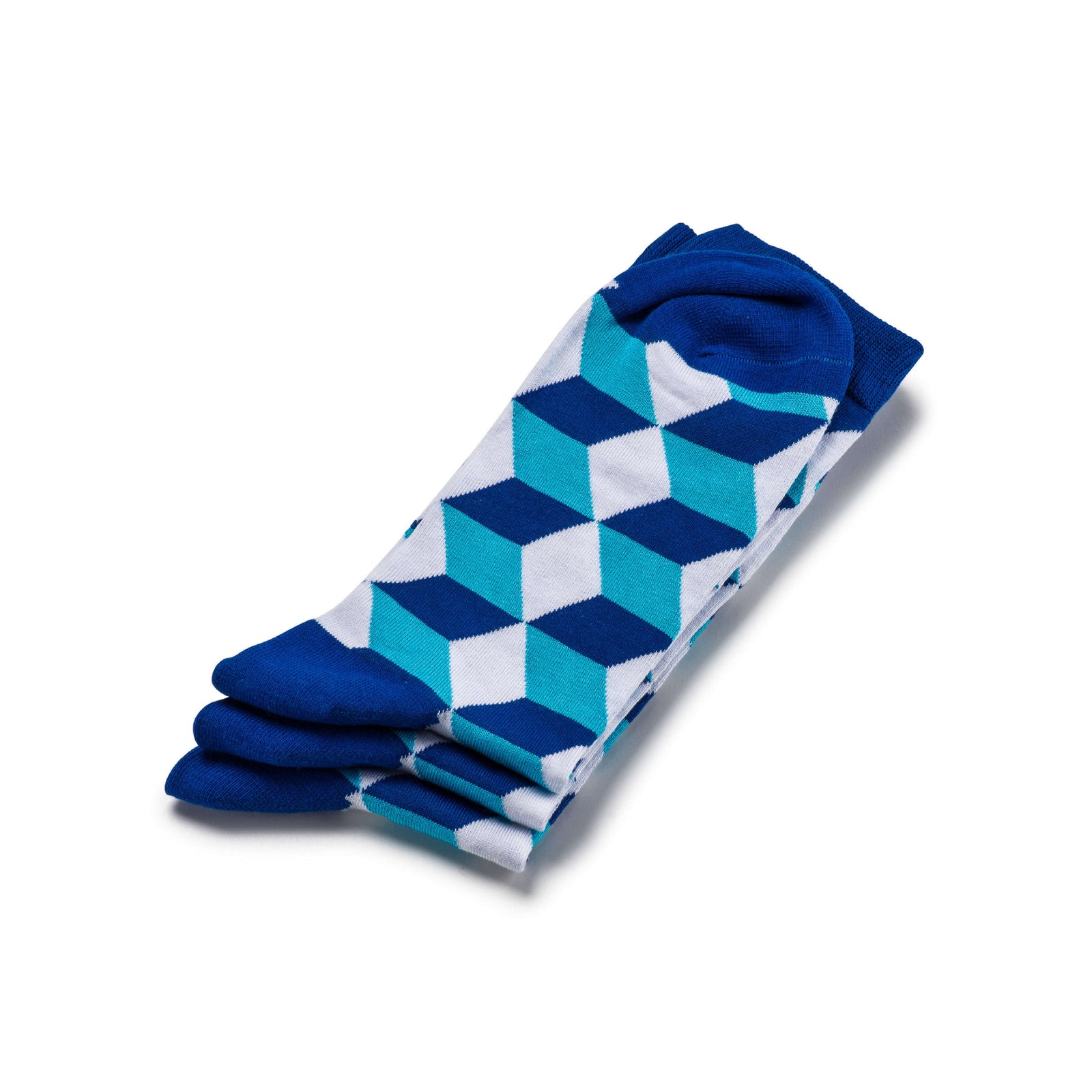 Colorful Tangram White, Dark Navy and Light Blue Bamboo Socks with Cube and 3D Design