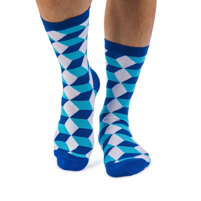 Colorful Tangram White, Dark Navy and Light Blue Bamboo Socks with Cube and 3D Design