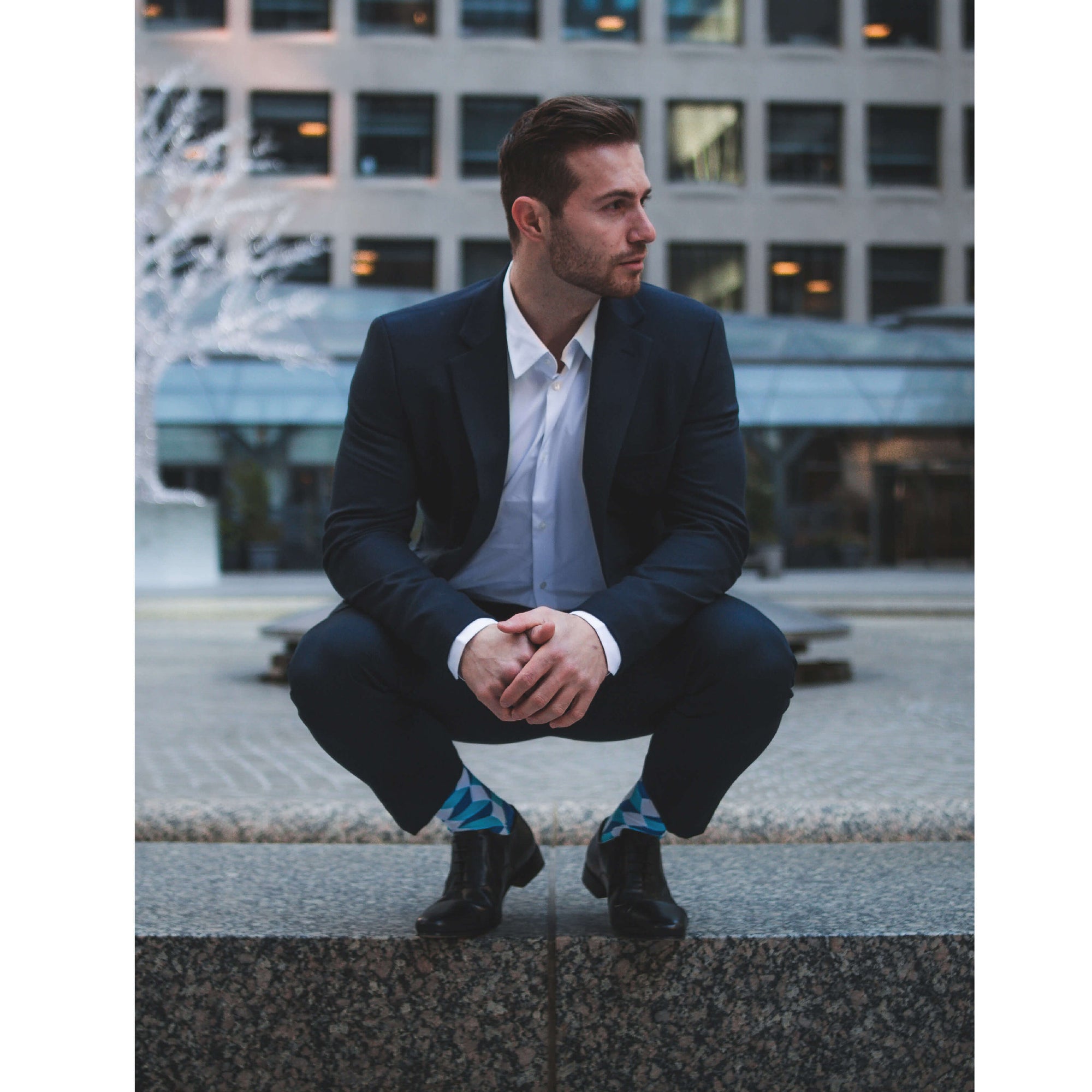 Colorful Tangram White, Dark Navy and Light Blue Bamboo Socks with Cube and 3D Design