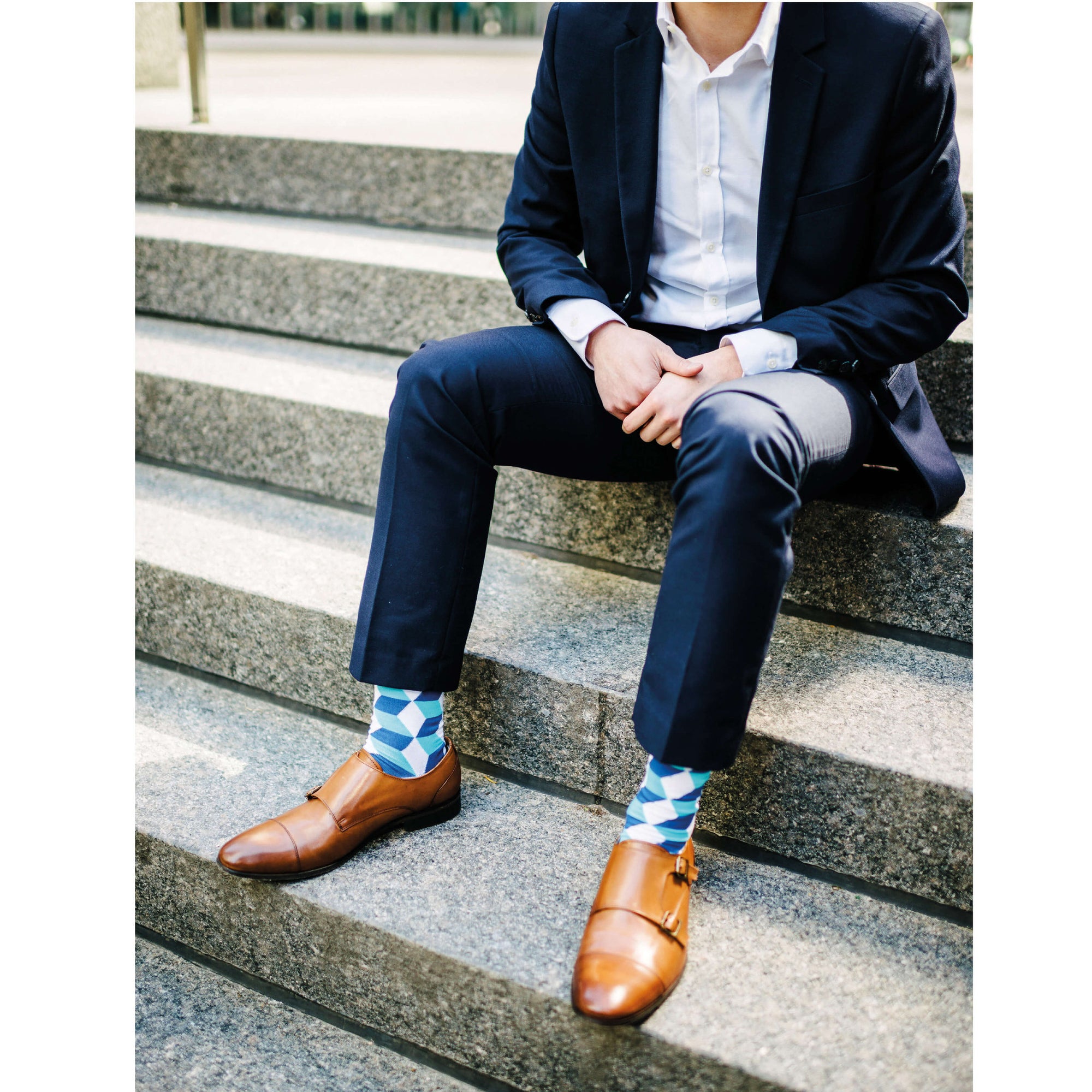 Colorful Tangram White, Dark Navy and Light Blue Bamboo Socks with Cube and 3D Design