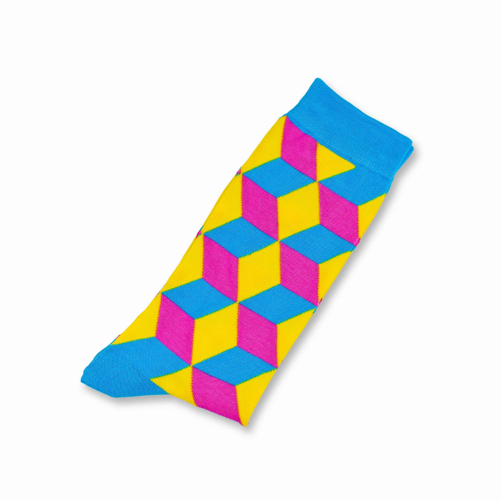 Colorful Tangram Yellow, Pink and Light Blue Bamboo Socks with Cube and 3D Design