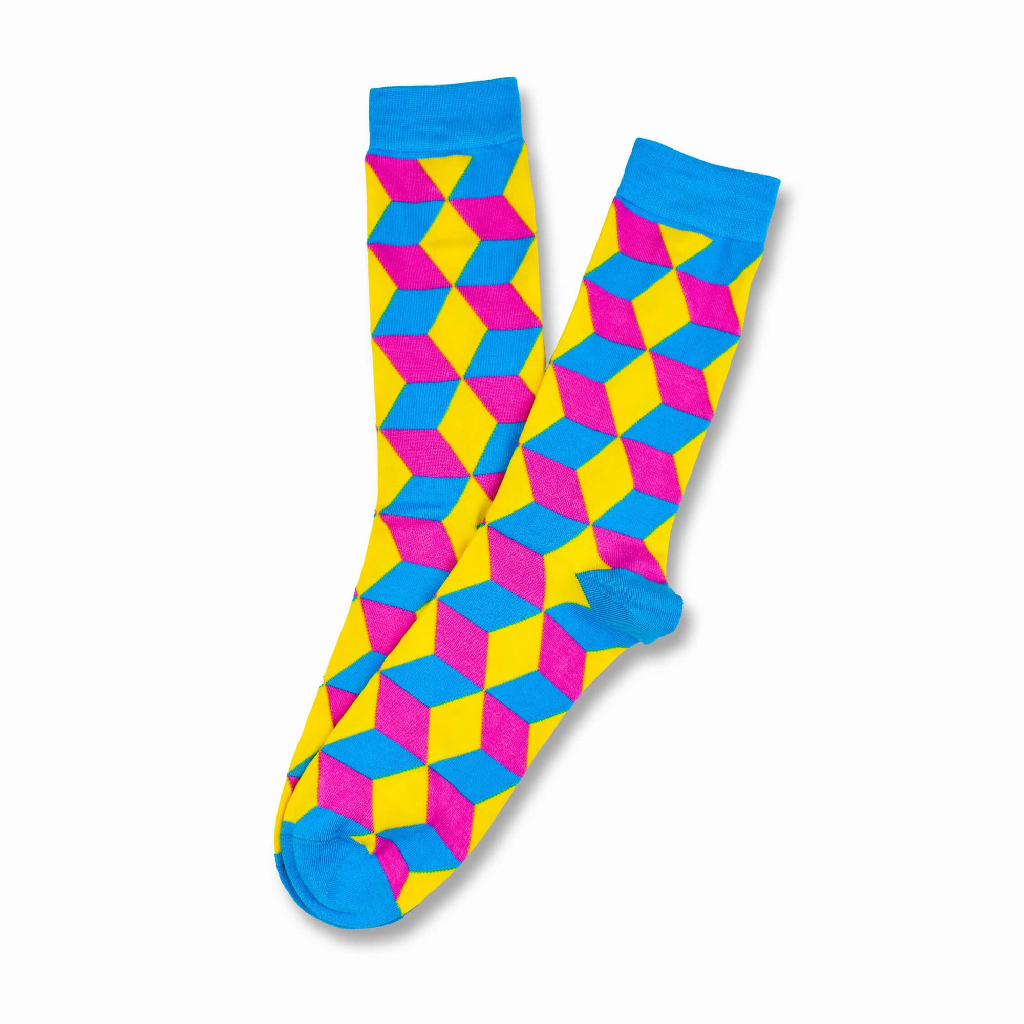 Colorful Tangram Yellow, Pink and Light Blue Bamboo Socks with Cube and 3D Design