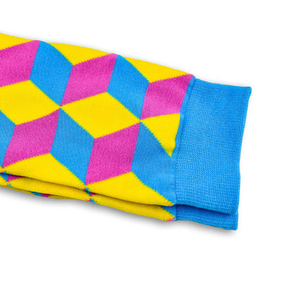 Colorful Tangram Yellow, Pink and Light Blue Bamboo Socks with Cube and 3D Design